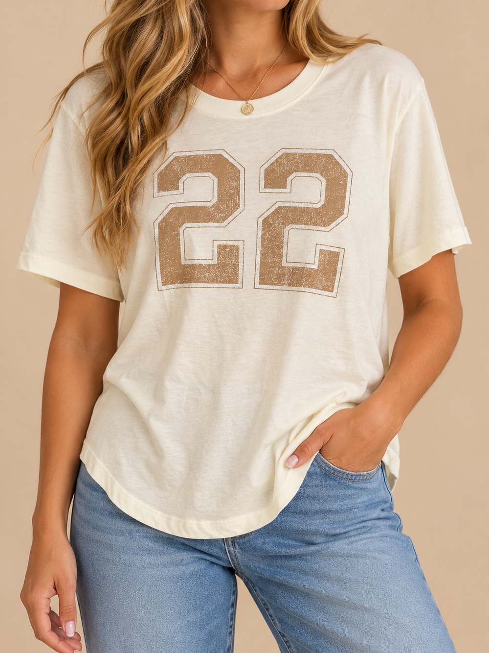 Bioworld Cream Short Sleeve Tee with Distressed '22' Graphic